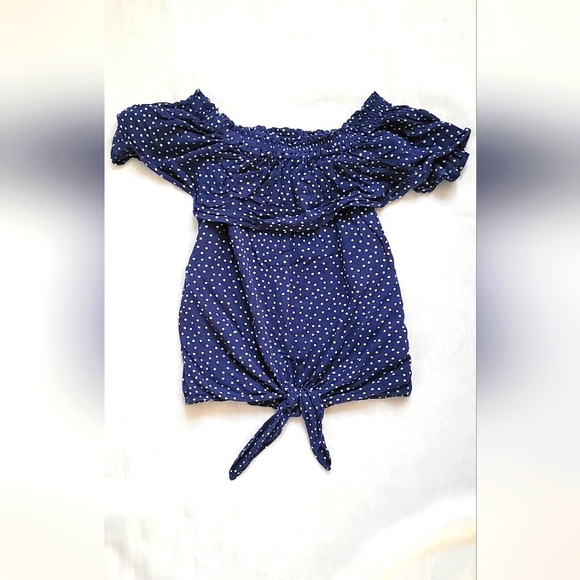NWOT! Express Drop Shoulder Tie-Front Women's Polka Dot Navy Blouse Size Small - Picture 1 of 8